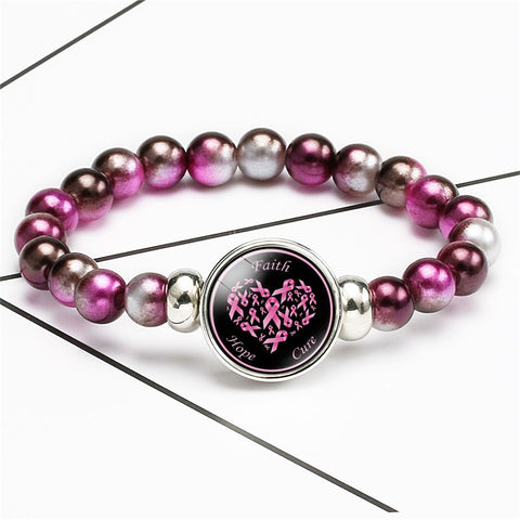 Breast Cancer Awareness Beads Bracelets 18mm Snap Buttons Dome Cabochon Charms Trendy Girls Women Jewelry Gift